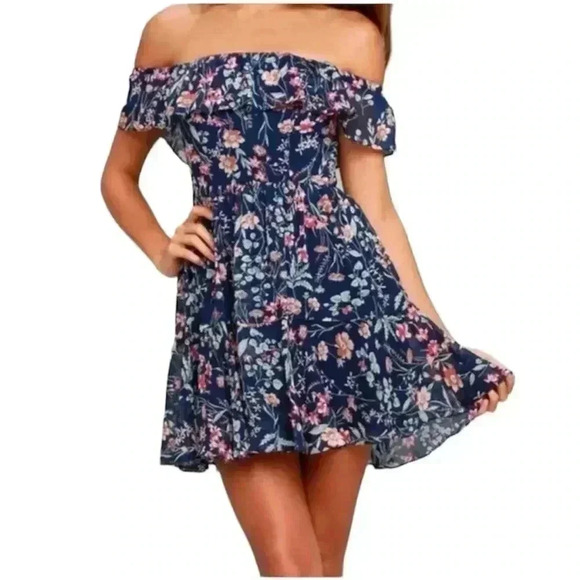 Lulus My Favorite Navy Blue Floral Print Off-the-Shoulder Dress Size S - Picture 1 of 9